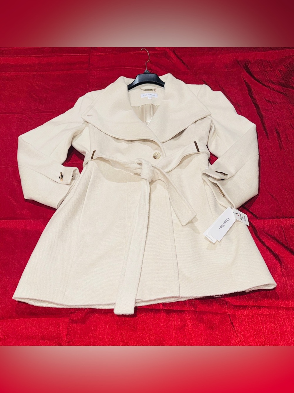 Calvin Klein Women’s Beige Wool Blend Belted Tie Coat Lined Mid-Length XXL NWT